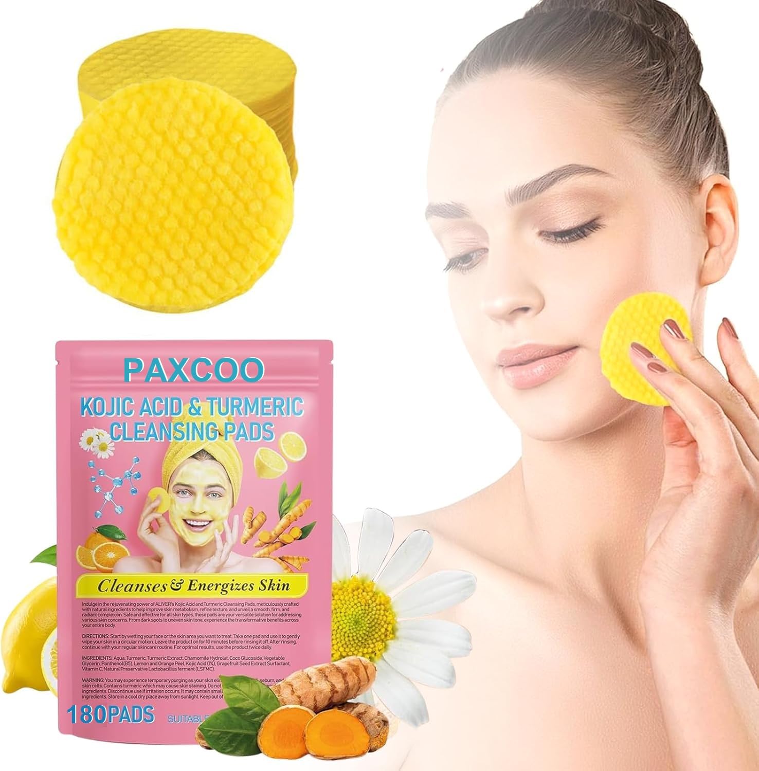 PAXCOO 180 Pcs Turmeric Cleansing Pads for Face, Infused Cotton Exfoliating Pad, Unclog Pores, Reduce Dark Spots, Balance Skin Oil & Fade Acne Scars, Body Remove Excess Keratin Cleansing-image-36