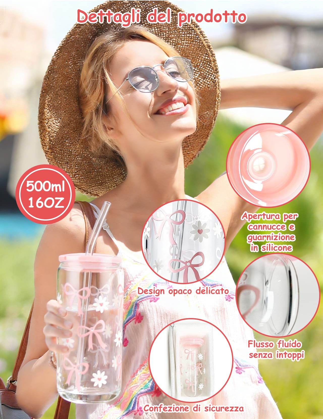 Regali per Ragazze Adolescenti di 9 10 11 12 13 14 15 16 17 18 anni, Regalo di Compleanno San Valentino per Ragazza Dagli, Tazza di Vetro con Coperchio e Cannuccia, Tazza da Caffè con Stampa Fiocco