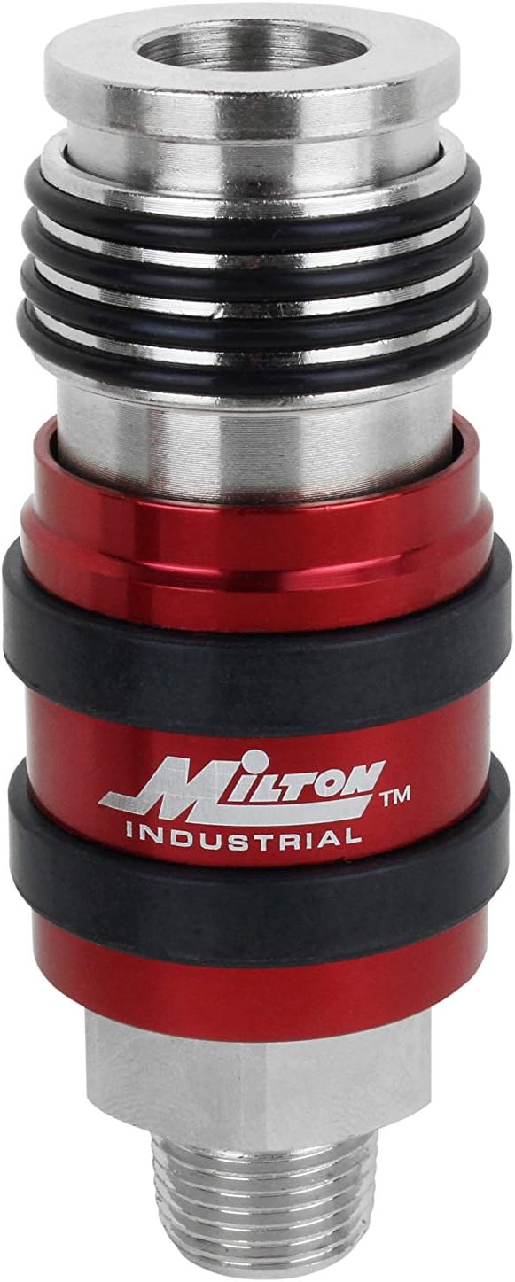 Milton s-1759 2 In ONE Universal Safety Exhaust Coupler – 3/8" MNPT x 3/8" Body Flow, Safely Bleeds Excess Air and Fittings