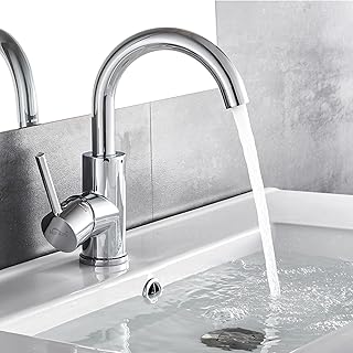 Auralum Grifo Lavabo 360°Giratorio, Mezclador Monomando de Baño Alto, Agua Fria y Caliente Disponible, Aireador Extraíble, Clásico Cromado, 60CM Manguera