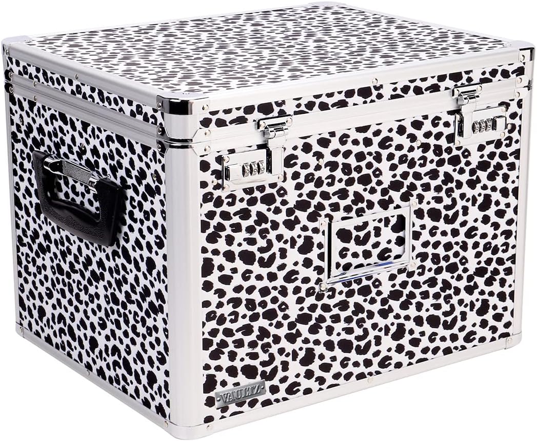 Vaultz Locking File Storage Chest, Two-Handled, Letter/Legal File Storage, 17.5 x 14 x 12.5 Inches, Black and White Leopard (VZ03976)