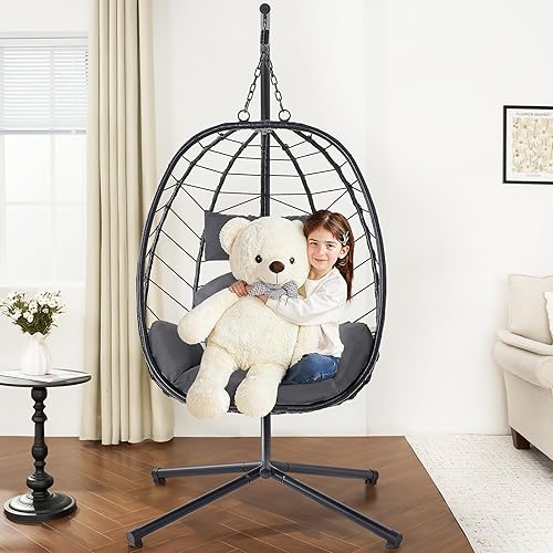 Miniatura 9 de ONBRILL Silla colgante de huevo con soporte, silla columpio de huevo para interiores y exteriores con reposacabezas acolchado, silla de huevo de