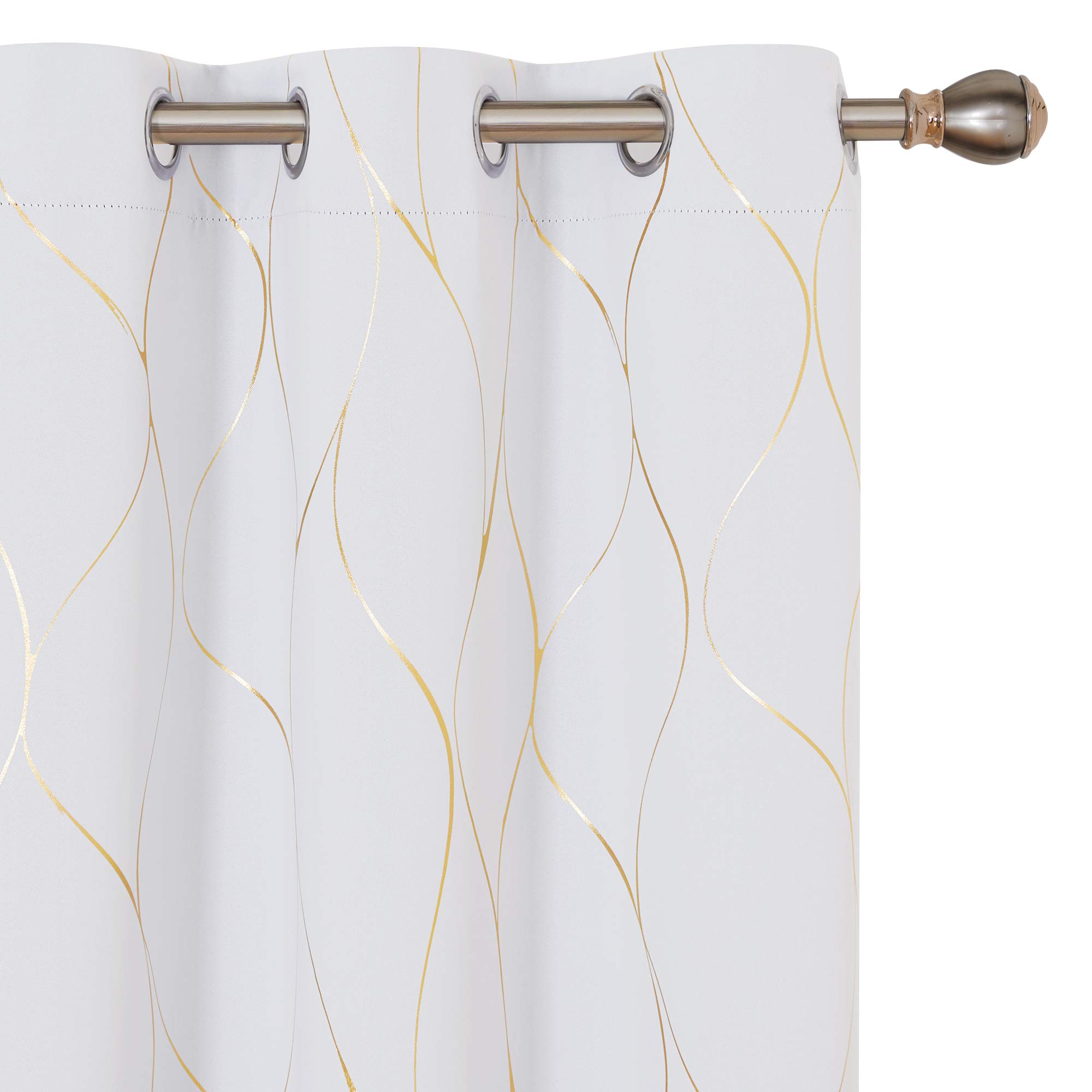 Deconovo Blackout Curtains 84 Inches Long - Gold Wave Foil Print Grommet Curtain, Room Darkening Drape, Noise Reducing Window Panels for Living Room, 42W x 84L Inch, Set of 2, Greyish White
