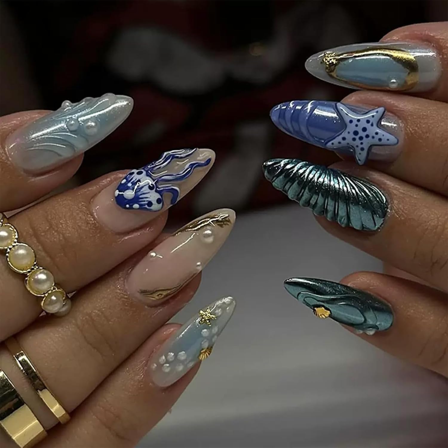 GlamRays Summer Press on Nails 3D Artificial Nails with Mother of Pearl and Starfish Designs 24 Pieces