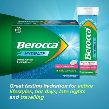 Berocca Hydrate Effervescent Tablets, Grapefruit Flavour, 20 Tablets | Berocca Hydrate Electrolyte Tablets, Enhanced Hydration And Energy Support, Vegan, Gluten Free, Caffeine Free