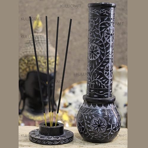 Miniatura 6 de Soporte para palitos de incienso negro con esteatita de mármol, quemador de velas, soporte para velas de té, soporte redondo para incienso