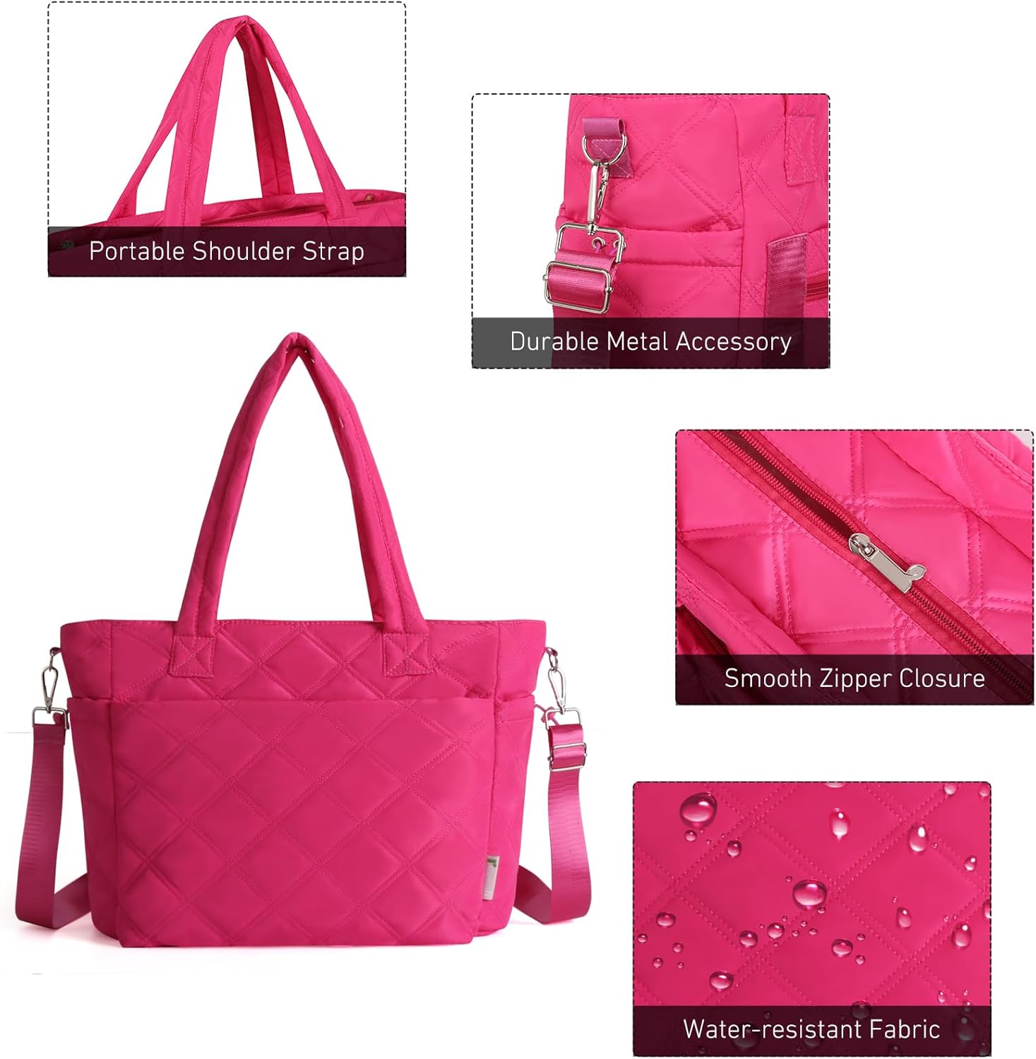 Rueesh Lightweight Puffer Tote Bag with Zipper for Women, Quilted Shoulder Bag with Compartments for Travel, Work, Shopping