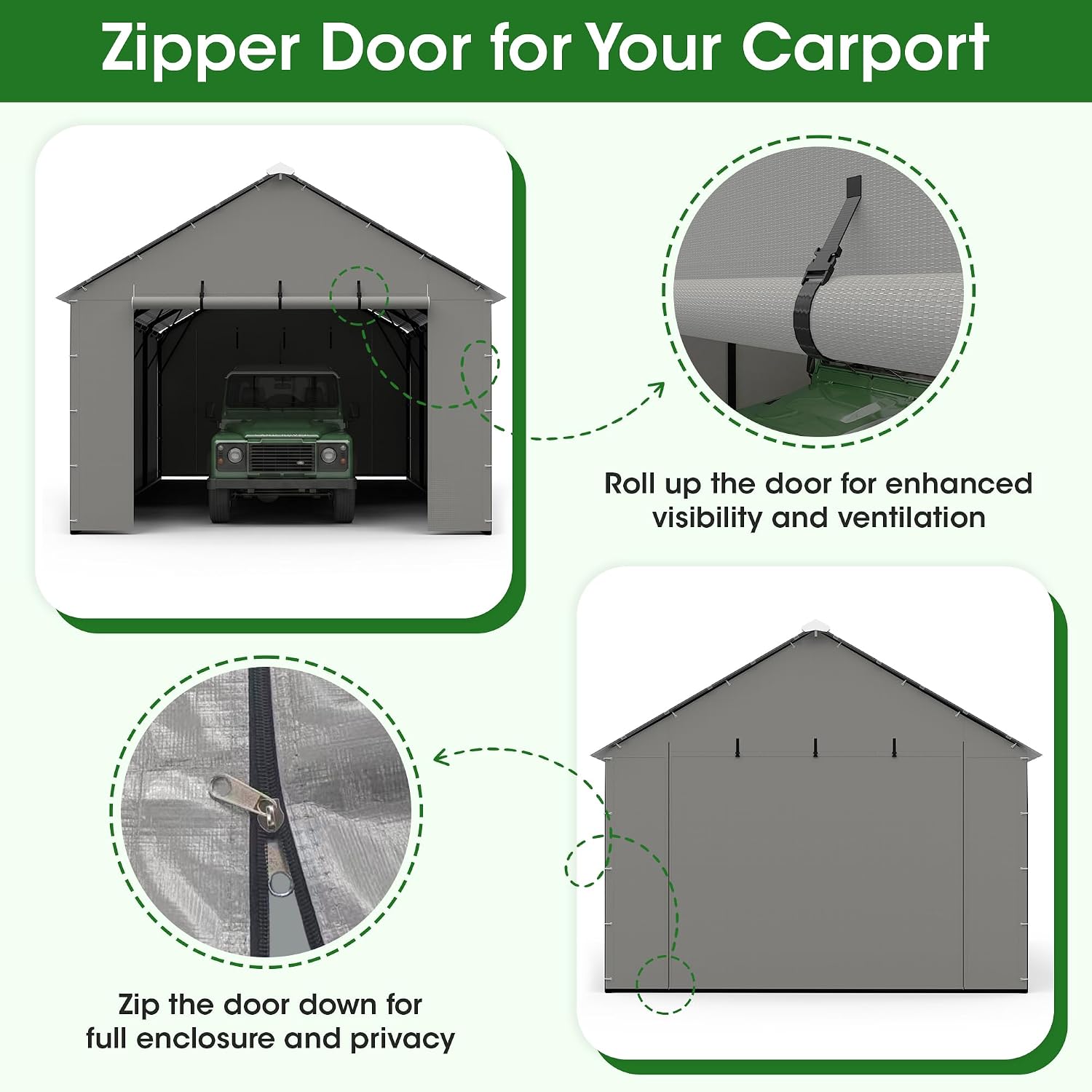 Metal Carport Zipper Door Heavy Duty for 20x20 Metal Carport, Waterproof & UV Protected, Easy Assembly with Ball Bungees, Grey (Door Panel Only, 1 Pack) image 3