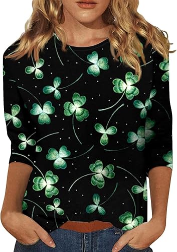 Camisa del día de San Patricio, camisetas de manga 34 para mujer, camisetas irlandesas del día de San Patricio, camisetas estampadas con trébol de