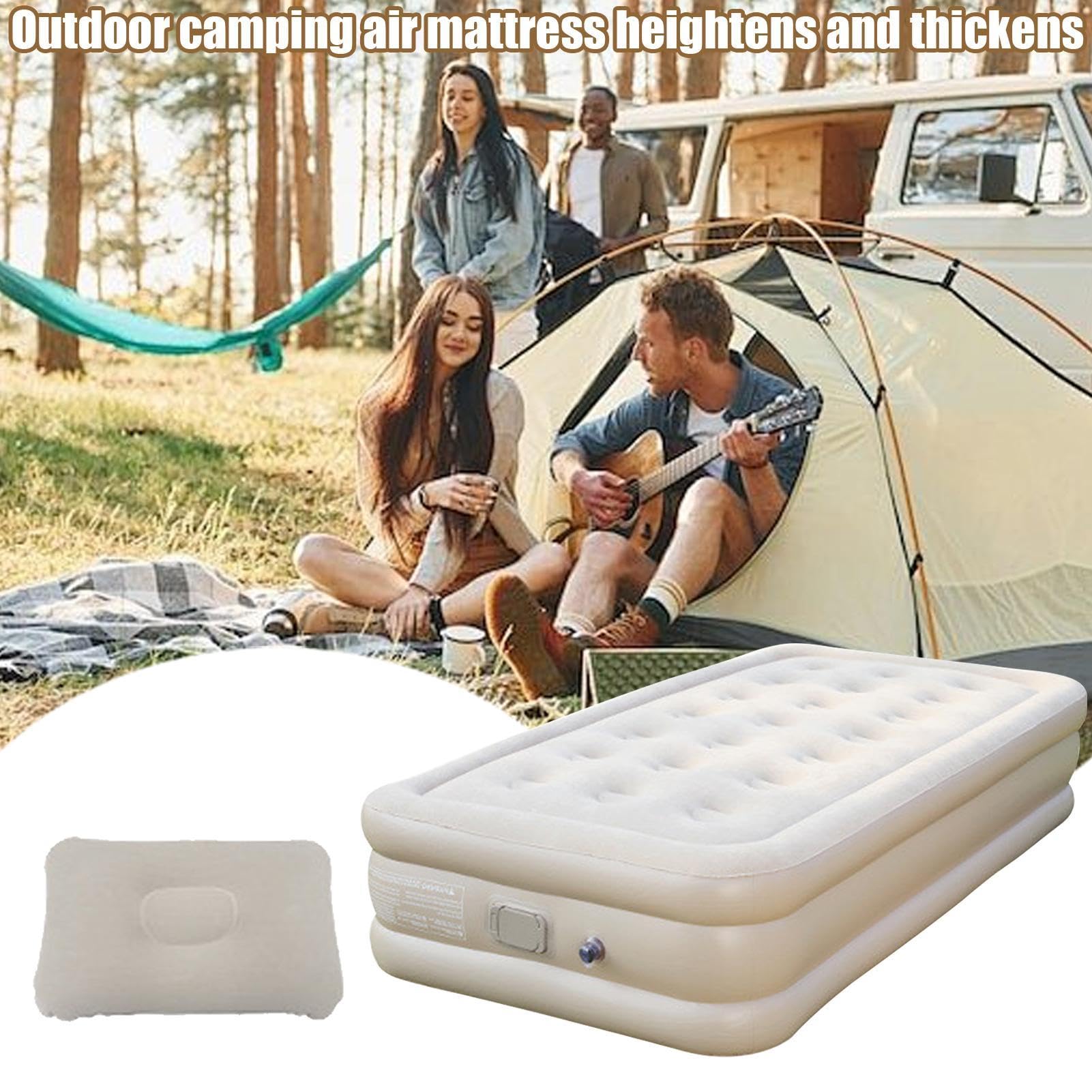 Mattress gonflable de camping, matelas aérienne de camping pour tentes,Matelas de camping épaissi le lit double de camp d'auto-inflation | Tapis de luxe avec une pompe intégrée pour l'extérieur et les