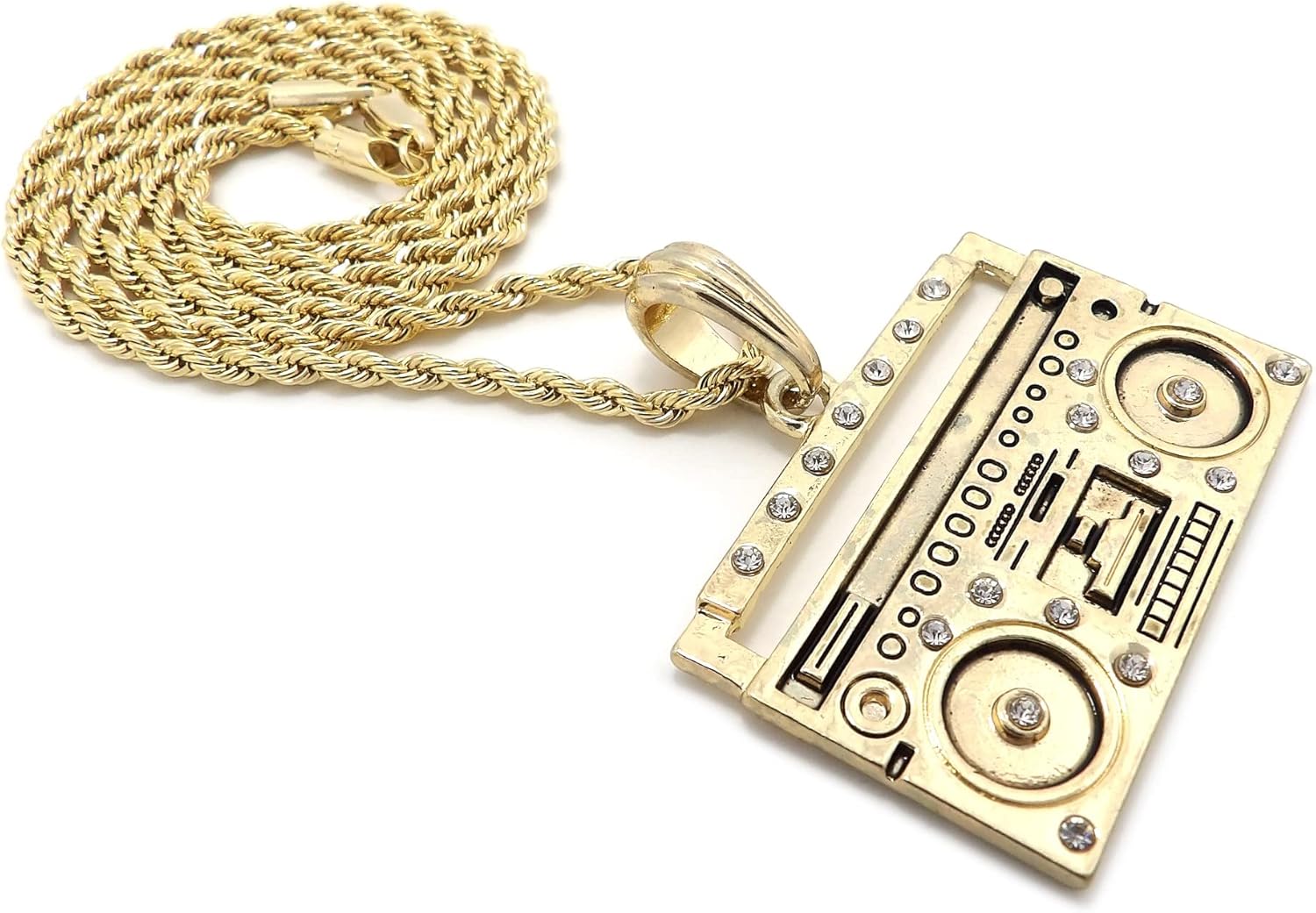 Men's Music Boombox Pendant 18/20/24" Box, Cuban, Rope Chain Necklace in Gold or Rhodium Tone