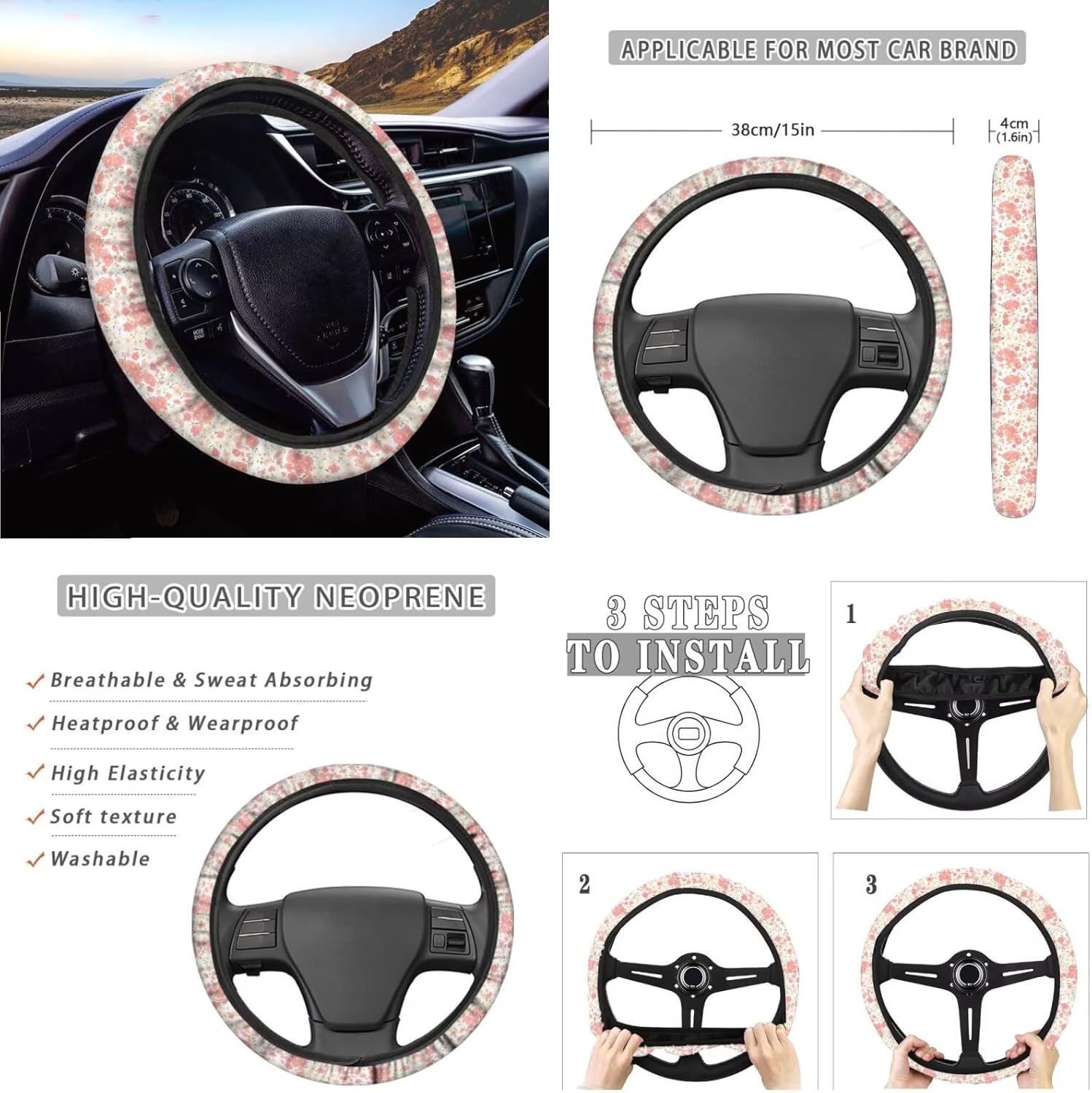 Cute Ditsy Floral Print Car Seat Covers for Men Women Watercolor Pink Flower Painting Washable 11 Pcs Car Seat Covers with Seat Belt Cover, Armrest Cover and Cupholder Pad
