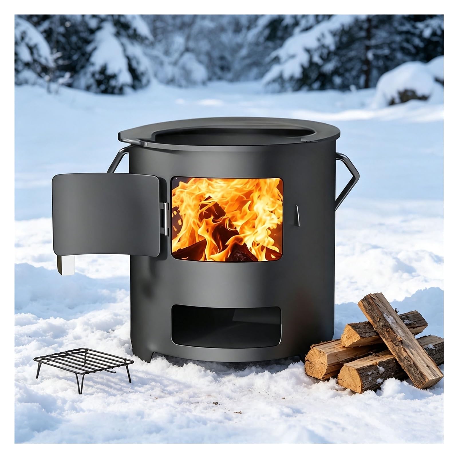 Réchaud À Fusée À Charbon De Bois Portable Avec Grille De Cuisson | Réchaud De Camping Porte À Verrouillage, Barbecue Au Charbon Avec Poignée Multifonctionnel(1PC)