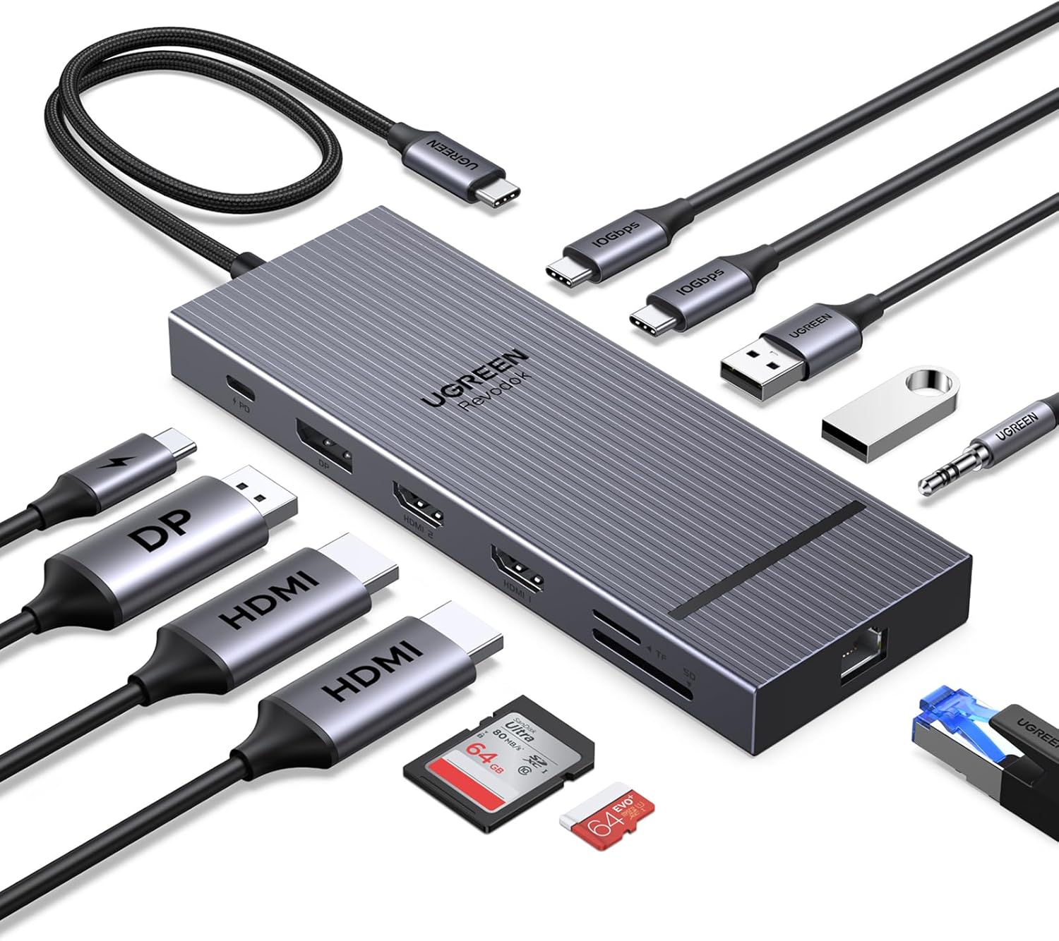 Revodok Pro 3121 10Gbps Hub USB C Doppio HDMI 4K60Hz DisplayPort 4K120Hz 12 In 1 Docking Station USB C PD 100W Adattatore Ethernet Lettore di Schede SD TF Jack 3.5mm - Hub USB