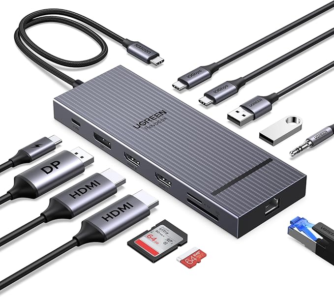 UGREEN Revodok Pro 3121 10Gbps Hub USB C Doppio HDMI 4K60Hz DisplayPort 4K120Hz 12 In 1 Docking Station USB C PD 100W Adattatore Ethernet Lettore di Schede SD TF Jack 3.5mm