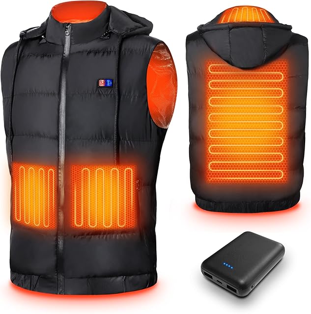 Heated Vest with Power Bank 10000 mAh, Heated Body Warmer, Heated Gilet for Man Woman, 3 Temperature Levels Heated Jackets, Machine Washable Heated Waistcoat for Outdoors, Hiking, Skiing, Motorcycling