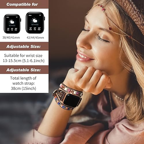 Miniatura 10 de Boho 5 Wrap Bracelet Compatible with Beaded Apple Watch Band for Women Men 42mm44mm45mm49mm, Handmade Crystal Stone Bead Watch Strap for Iwatch Band