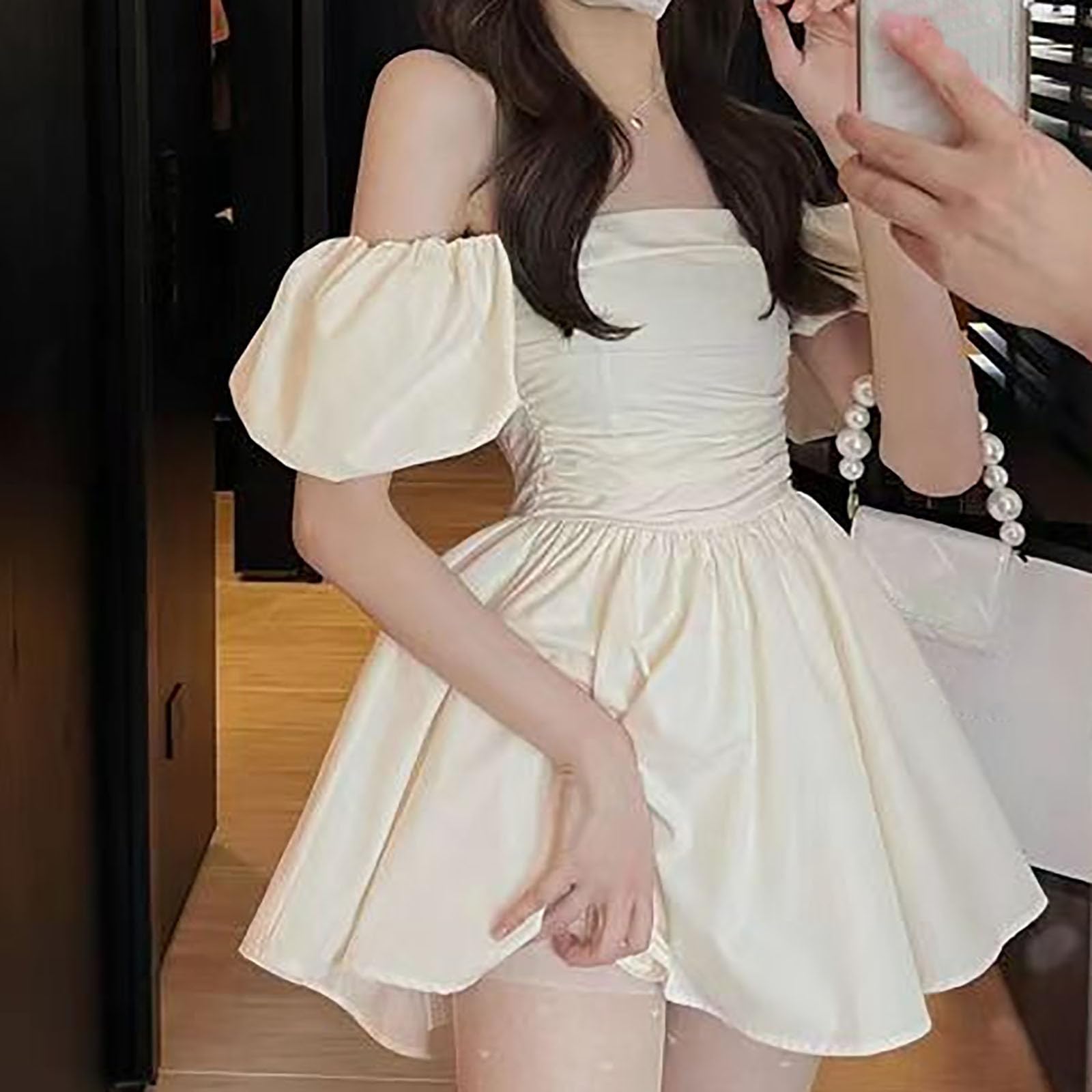 Szlafrok Noire Femme Summer Pure Desire Two Wear francuski bufiaste rękawy sukienka talia jedno słowo z odsłoniętymi ramionami puszyste wakacje