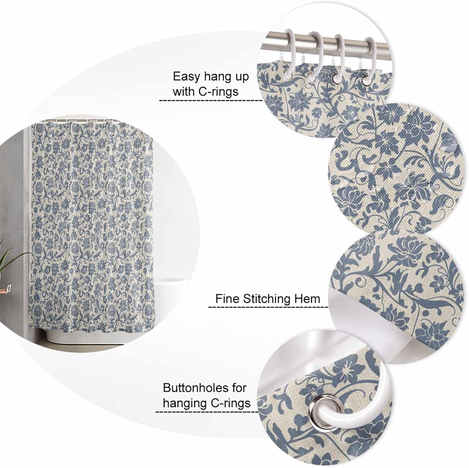 Vintage Botanical Blue Shower Curtain Set - 54" x 78" Washable Bathtub Curtain with 12 Hooks, Farmhouse Ethnic Floral Waterproof Fabric Stall Shower Curtains for Bathroom/Bathtub Décor