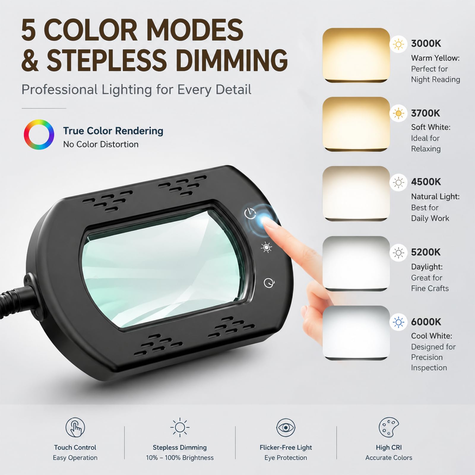 Lupa de pie 10 aumentos, 3 en 1 con 60 LED y cuello de cisne flexible, con abrazadera, 5 modos de color y brillo regulable, práctica lupa de lectura para personas mayores en el escritorio