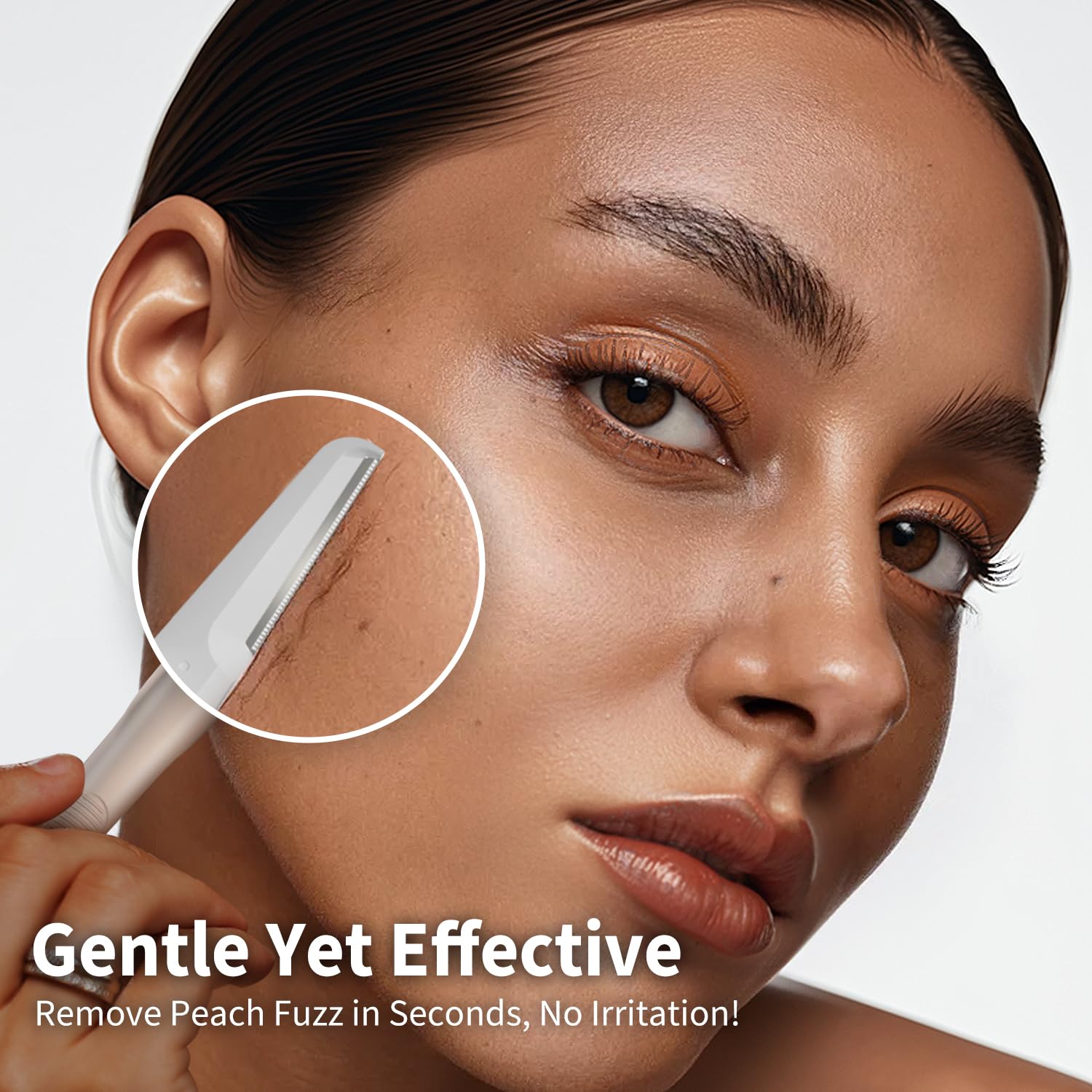 Dermaplane - Maquinilla de afeitar facial para mujer, removedor de pelusas de melocotón, color beige | Herramienta Dermaplaning para depilación facial y exfoliación, modelado de cejas, piel suave, mango de metal + 8 recambios