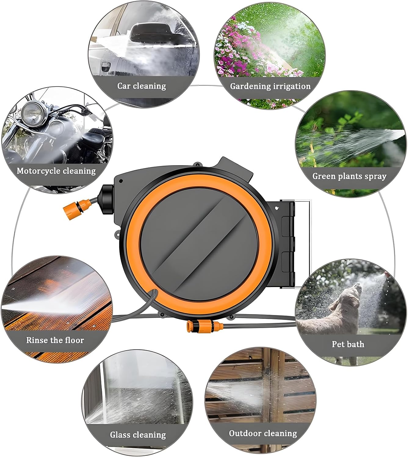 壁に取り付けられたホースリール、多機能コネクタ付き30+2mガーデン