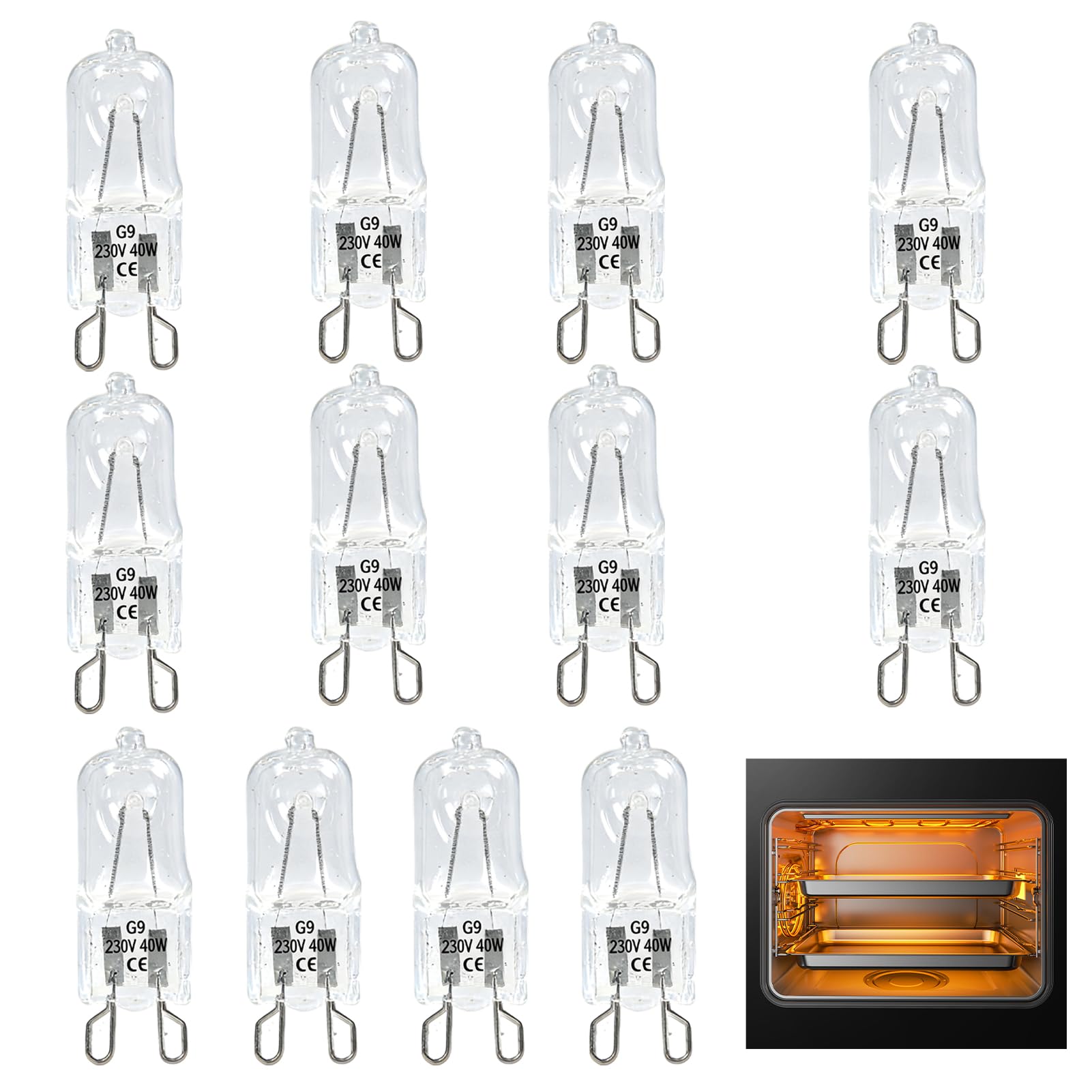 Cateye G9 Halogen Bulbs 40W, Warm White Dimmable, 12pcs High Temperature Resistant Capsule Lights, 230V 9mm Pins, Long Lasting 2000h for Chandeliers Ovens Kitchen Cabinets Ceiling Fixtures