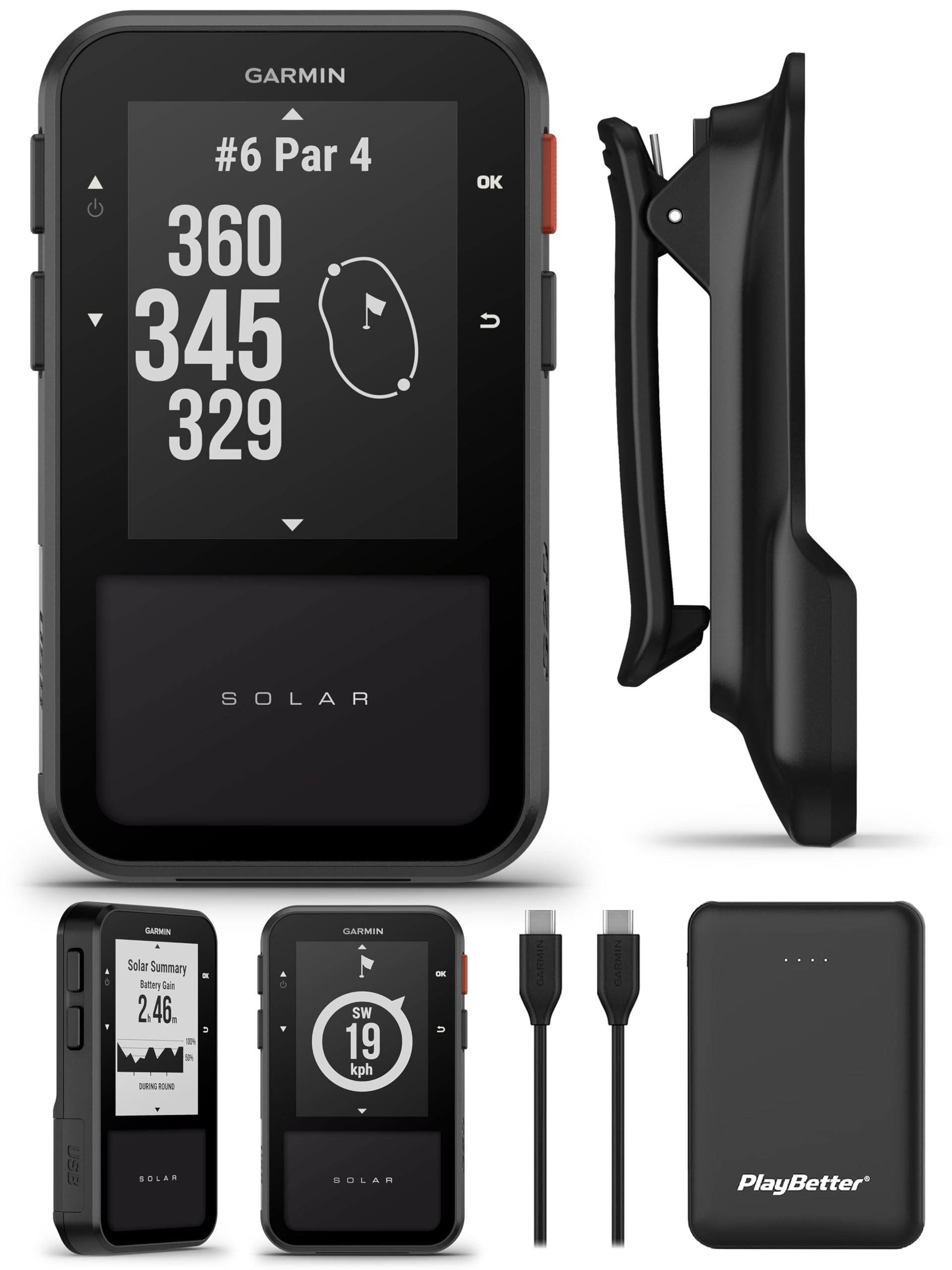 Garmin Approach G20 Solar GPS Golf Handheld Bundle - Solar Charging, Sunlight-Readable High-Resolution Display, Built-in Magnetic Mount with PlayBetter 5000mAh Portable Charger