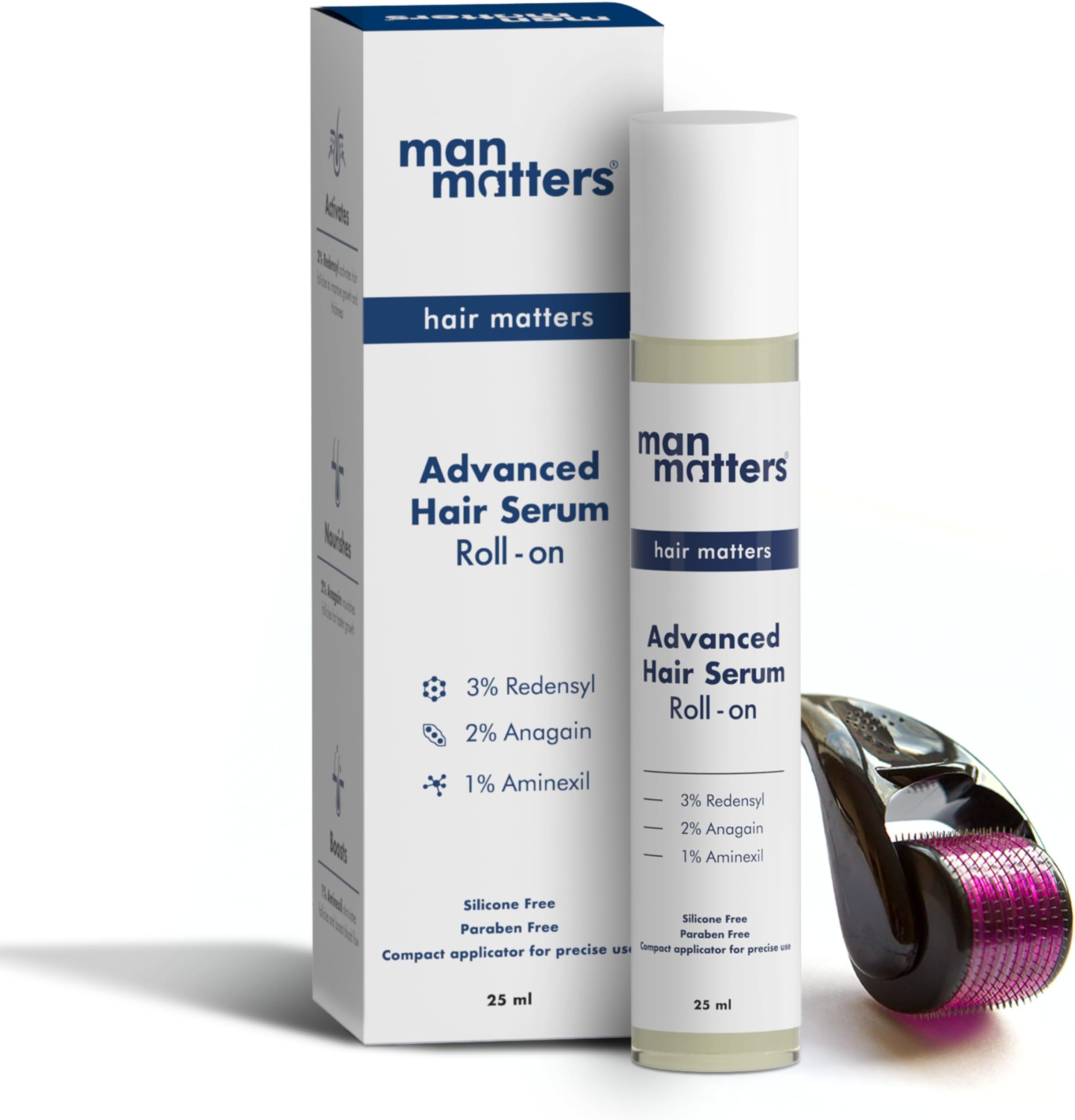 Advanced Beard&Hair Serum Roll On 25Ml With Derma Roller 0.5 Mm|Redensyl,Anagain,Aminexil&Rosemary|Reactivates Hair Cells,Improves Beard&Hair Density&Promotes Thicker Growth, 50 Grams