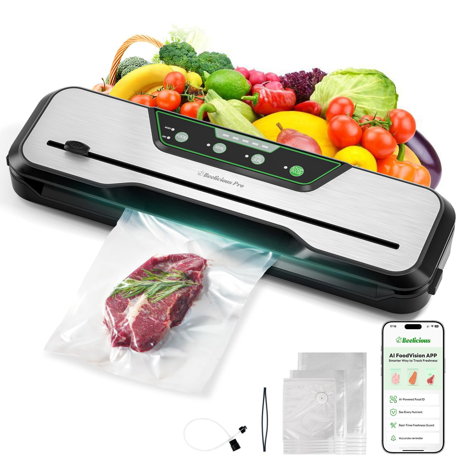 Automatic Food Vacuum Sealer Machine | Beelicious Pro 80KPa 8-In-1 Food Vacuum Saver with Starter Kits | 15 Bags, Pulse Function, Moist&Dry Mode and External VAC for Containers