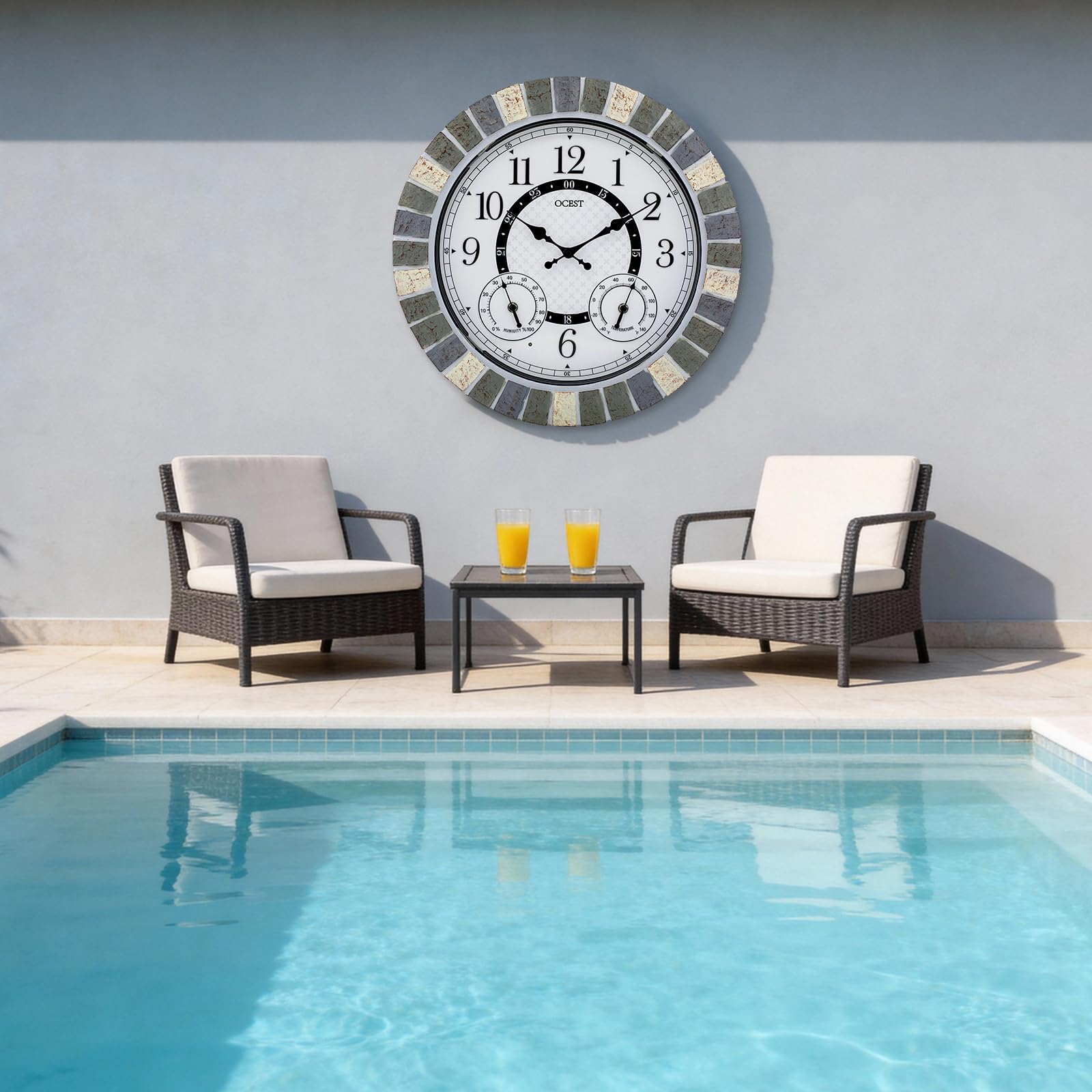 OCEST Reloj grande de 18 pulgadas para exteriores, impermeable, termómetro, higrómetro, luz nocturna, relojes de pared iluminados, funciona con pilas, silencioso, sin tictac, ideal para patio, jardín