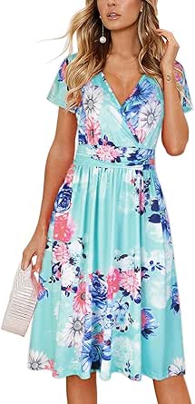 OUGES Women's Summer Short Sleeve V-Neck Floral Short Party Dress with Pockets