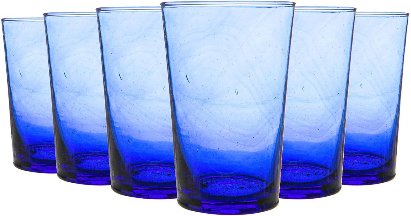 Nicola Spring 6pc Meknes Recycled Highball Glasses - 325ml - Blue Glass - Sustainable Hand-Blown Moroccan Water Cups Dishwasher Safe Drinkware for Juices, Water