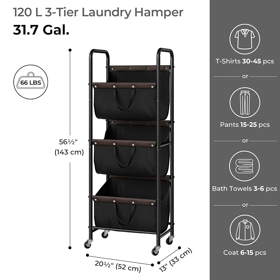 GRANNY SAYS 3 Tier Laundry Sorter, Laundry Basket with Wheels, Laundry Room Organization and Storage, 3 Section Rolling Laundry Cart for Dorm, Bathroom, Bedroom, Closet, Black - image 6
