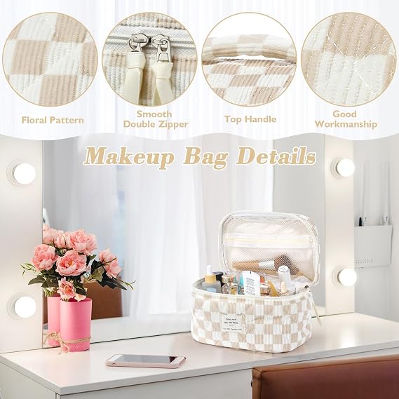 BuyCard Cosmetic Case 3-Piece Set, Toiletry Bag for Women with Floral Pattern, Quilted Toiletry Bag, Portable Makeup Bag for Travel & Daily Use | Makeup Bag for Women Girls. (3, Khaki Check)