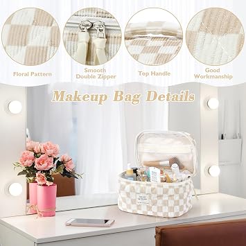 BuyCard Cosmetic Case 3-Piece Set, Toiletry Bag for Women with Floral Pattern, Quilted Toiletry Bag, Portable Makeup Bag for Travel & Daily Use | Makeup Bag for Women Girls. (3, Khaki Check)