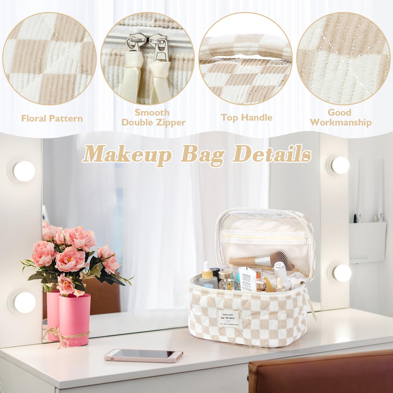 BuyCard Lot de 3 Trousses de Toilette pour Femme avec Motif Floral - Trousse de Toilette matelassée - Portable - pour Les Voyages et la Vie Quotidienne (3, Chèque Kaki) - 4