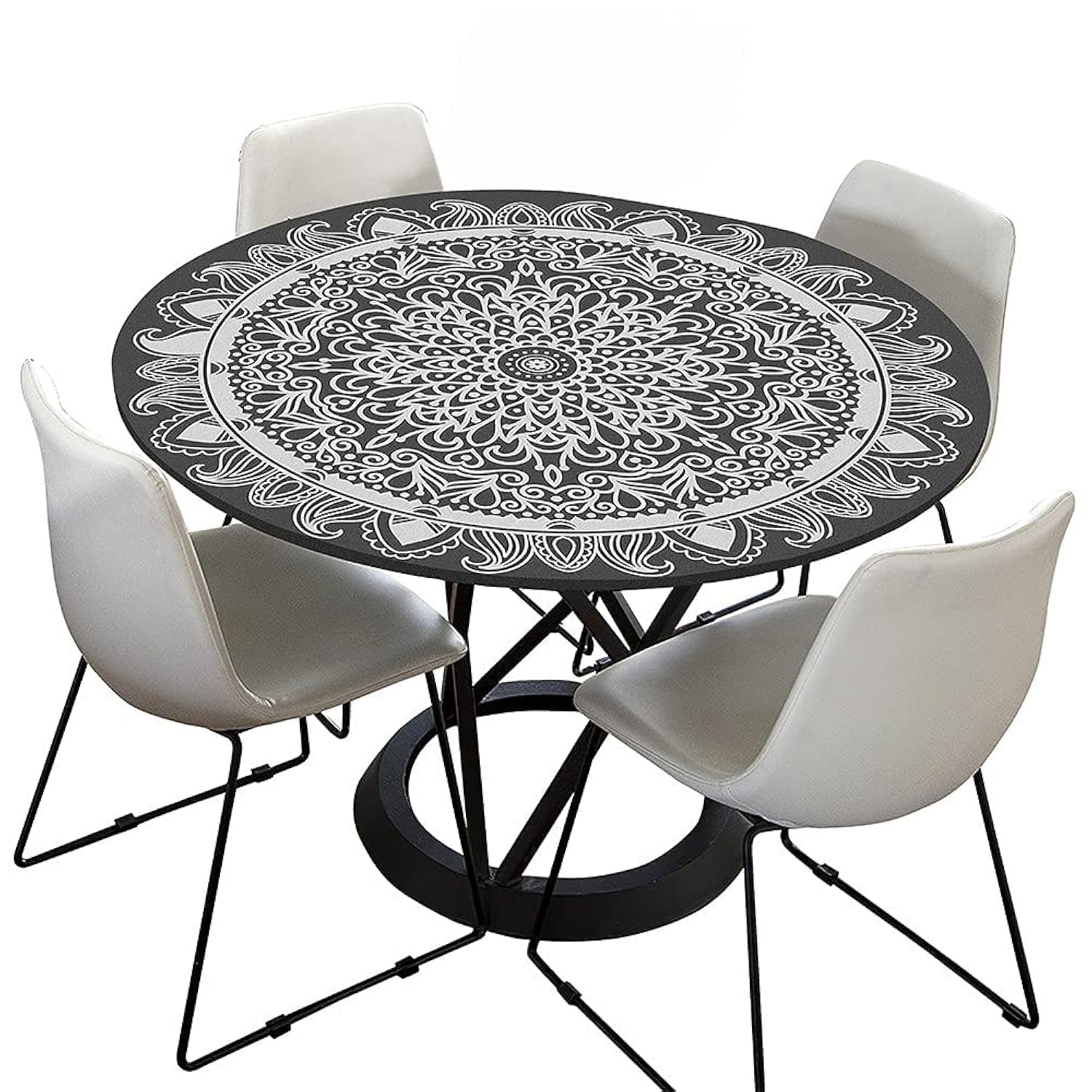 Morbuy Black Grey Mandala Round Tablecloth For Circular Table, 3D Waterproof Table Cloths Stain Resistant Dust-Proof Wipeable Table Cover For Home Party Kitchen Dinning (,120Cm)
