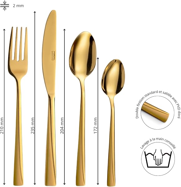PRADEL ESSENTIEL - Ménagère 24 couverts de table pour 6 personnes - Absolu - Acier Inoxydable 18/0, Finition Standard et sablée + revêtement PVD - Doré (Epaisseur 2 mm) - 2