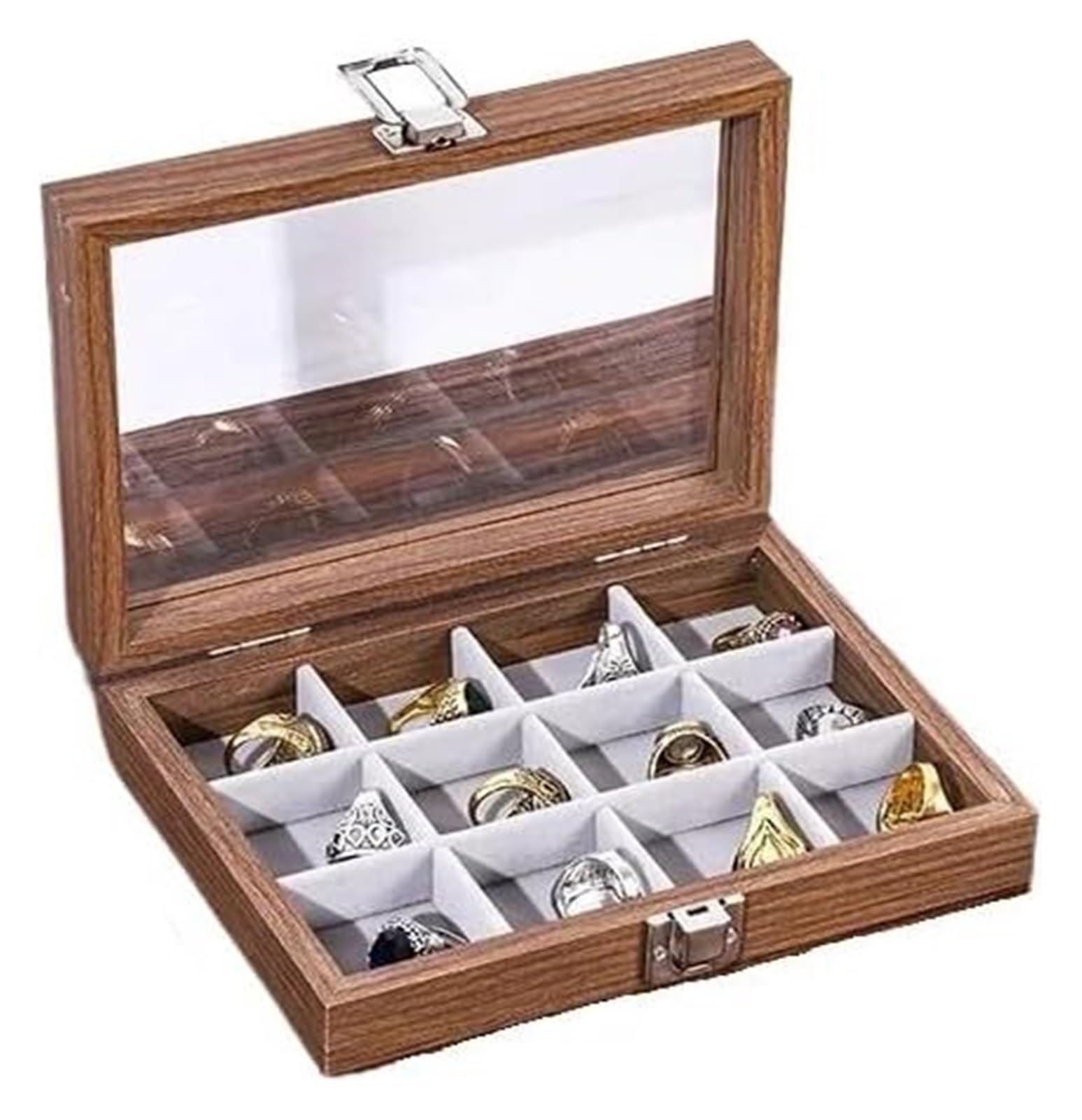 NIUSABOU Wood Jewellery Organiser, Black Walnut Wood Grain Solid Accessories Case With Lid Bracelet R Earr Necklace(12 Grids)