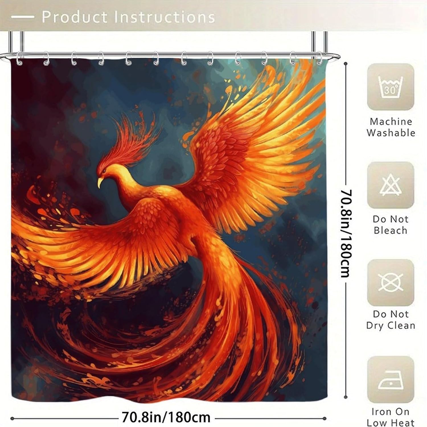 Orange Red Phoenix Shower Curtain Duty Thick Fabric Shower Curtains for Bathroom Hotel Spa Polyester Cloth Bath Curtain with 12 Holes Magic Bath Curtains for Bathroom Decor