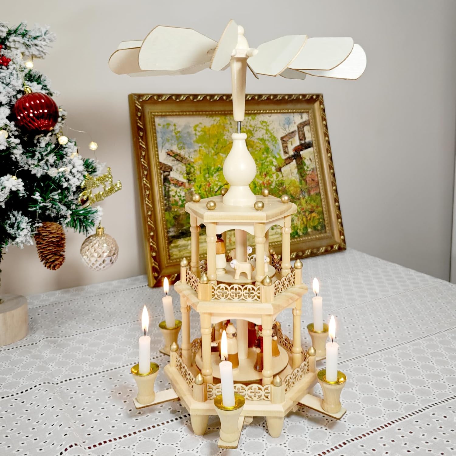Christmas Pyramids with 6 Candler Holders-17 Inches-3 Tiers Carousel-Wood Nativity Scene Set