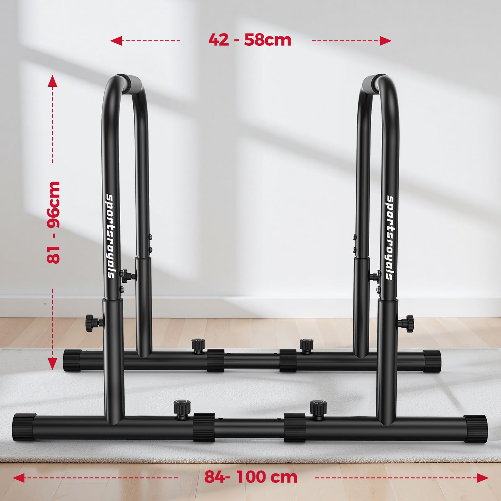 Sportsroyals Dip Barren Testsieger,400 kg Tragkraft Dip Stange & Dip Bar,Doppel Sicherung,Funktionaler Stabiler Dip Bar,Höhenverstellbar 81-96 cm,Tragbar für Heimgym&Calisthenics Equipment