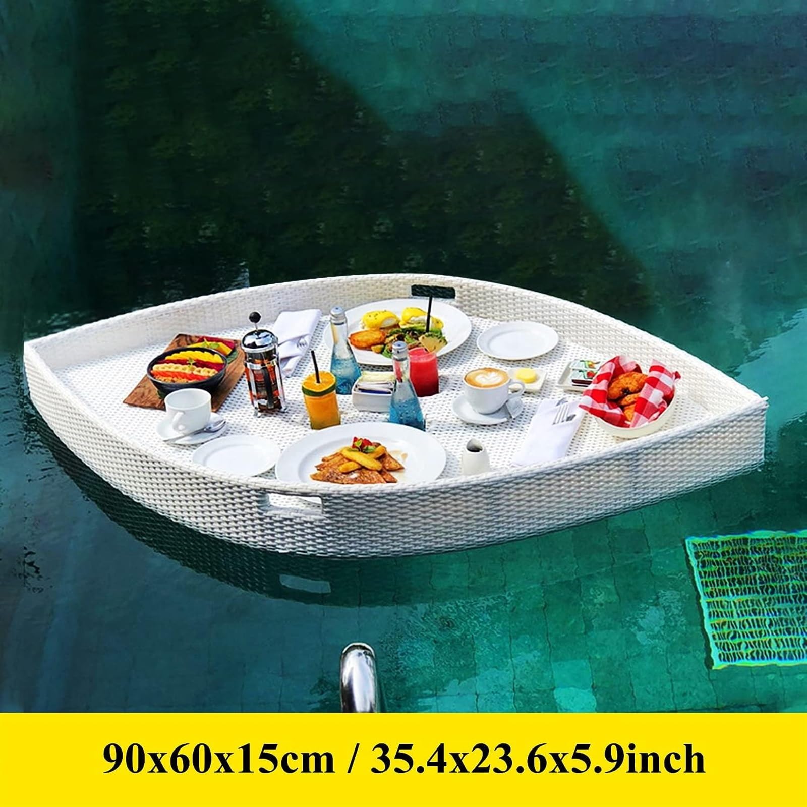 Schwimmendes Tablett für Pool, Rattan-gewebtes schwimmendes Pool-Tablett, stilvolles Frühstückstablett auf dem Wasser, schwimmende Bar und Tisch für Pool (Farbe: Gelb) (Weiß)