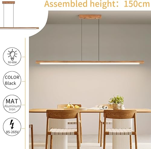 Miniatura 5 de Mikeru Lámpara colgante lineal de madera, lámpara colgante lineal con control remoto regulable 3000 K-6000 K, 47 pulgadas, color nogal LED para