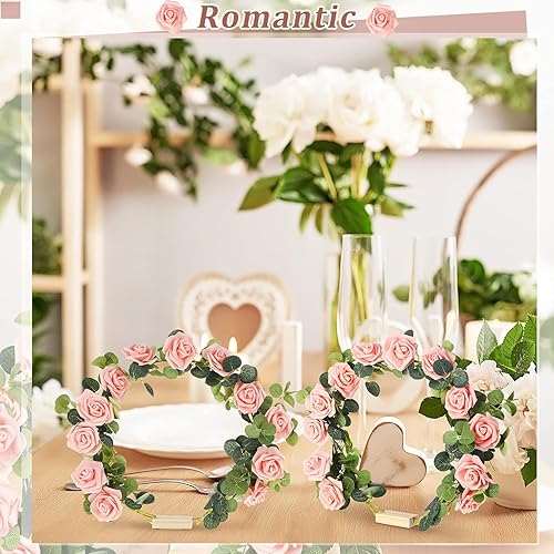 Miniatura 6 de El kit de 6 centros de mesa de aro floral incluye 6 anillos de corona de metal con 6 bases de madera, 25 rosas para decoración de mesa de boda en el