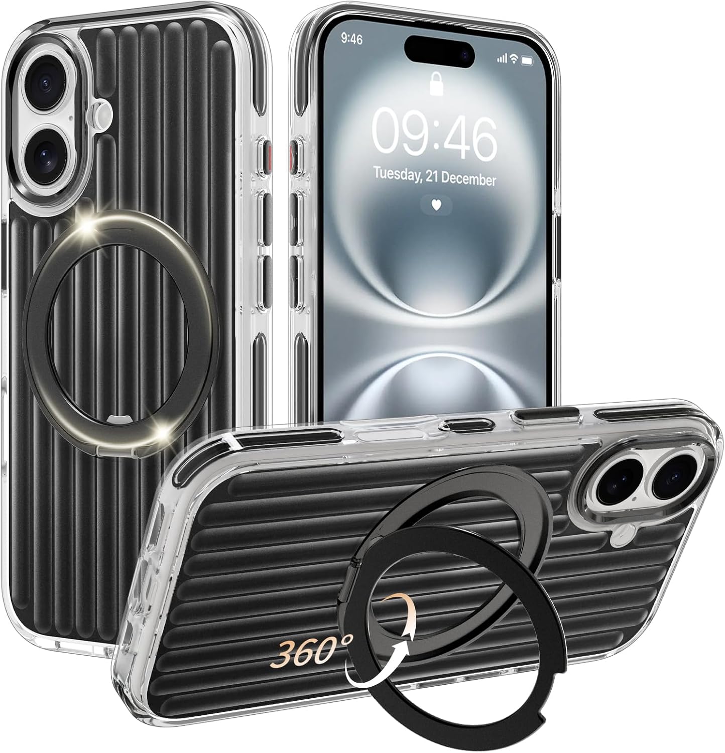 Phone Case Compatible with iPhone 16 Pro, with Magnetic Stand, Ring Kickstand, Compatible with Magsafe, Military Protection Black