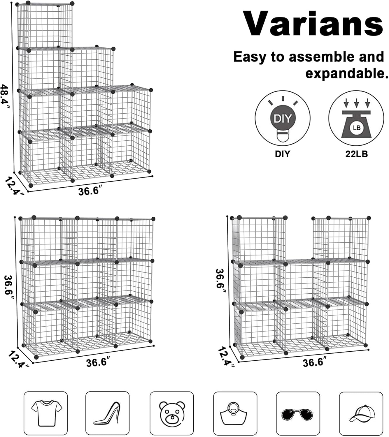C&AHOME Wire Cube Storage, 9 - Cube Organizer Metal C Grids, Modular Shelves Units, Closet Organizer, Ideal for Home, Office, Living Room, 36.6”L x 12.4”W x 48.4”H, Silver Gray UWCS3009G - Image 3