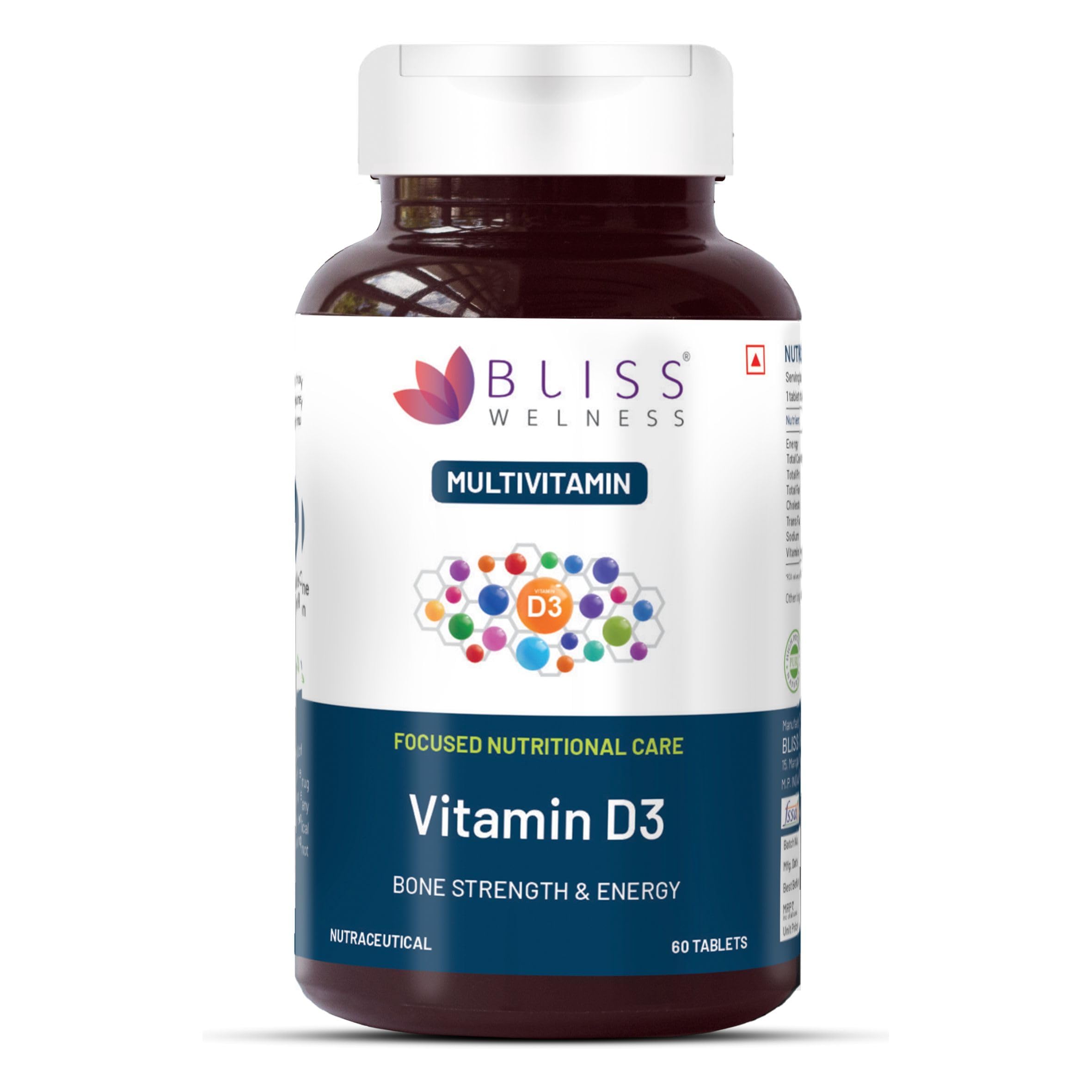 Bliss Wellness Vitamin D3 Tablets | With Vitamin D3 Nutrient | Supports Normal Calcium Absorption & Daily Nutritional Intake | For Routine Supplementation | Suitable for Men & Women | 60 Tablets