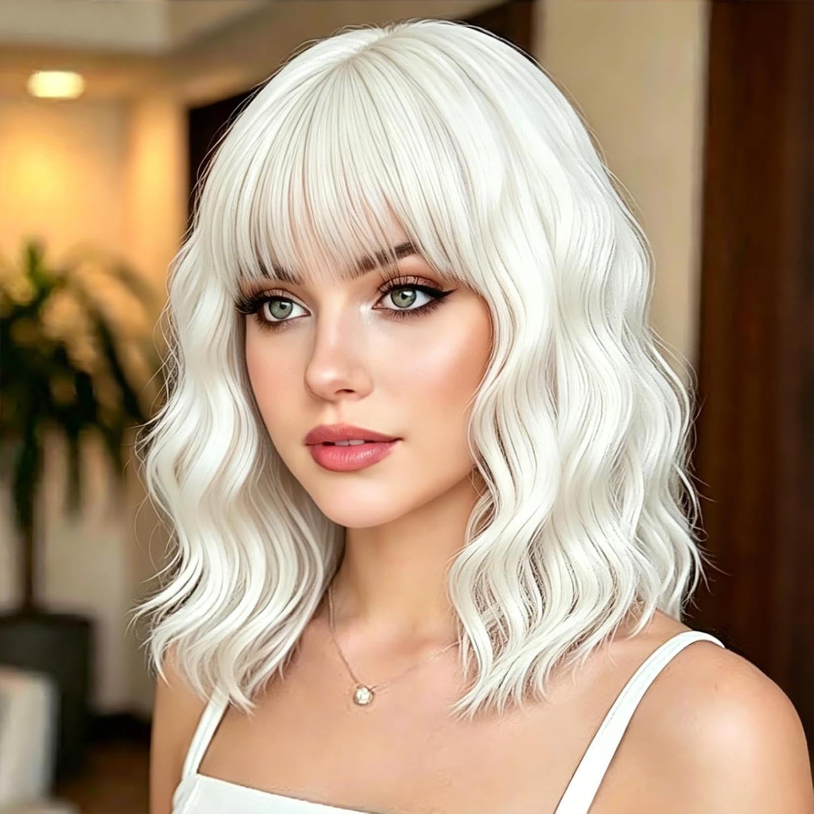 White Wig for Women Short Bob Wavy Wig with Bangs (14 Inch)